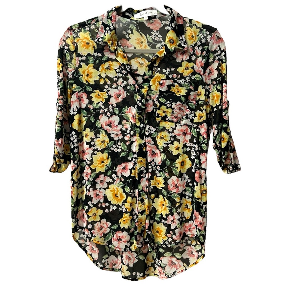 Eden & Olivia Women’s 3/4 Sleeve Floral Sheer Button Down Top  Sz S‎